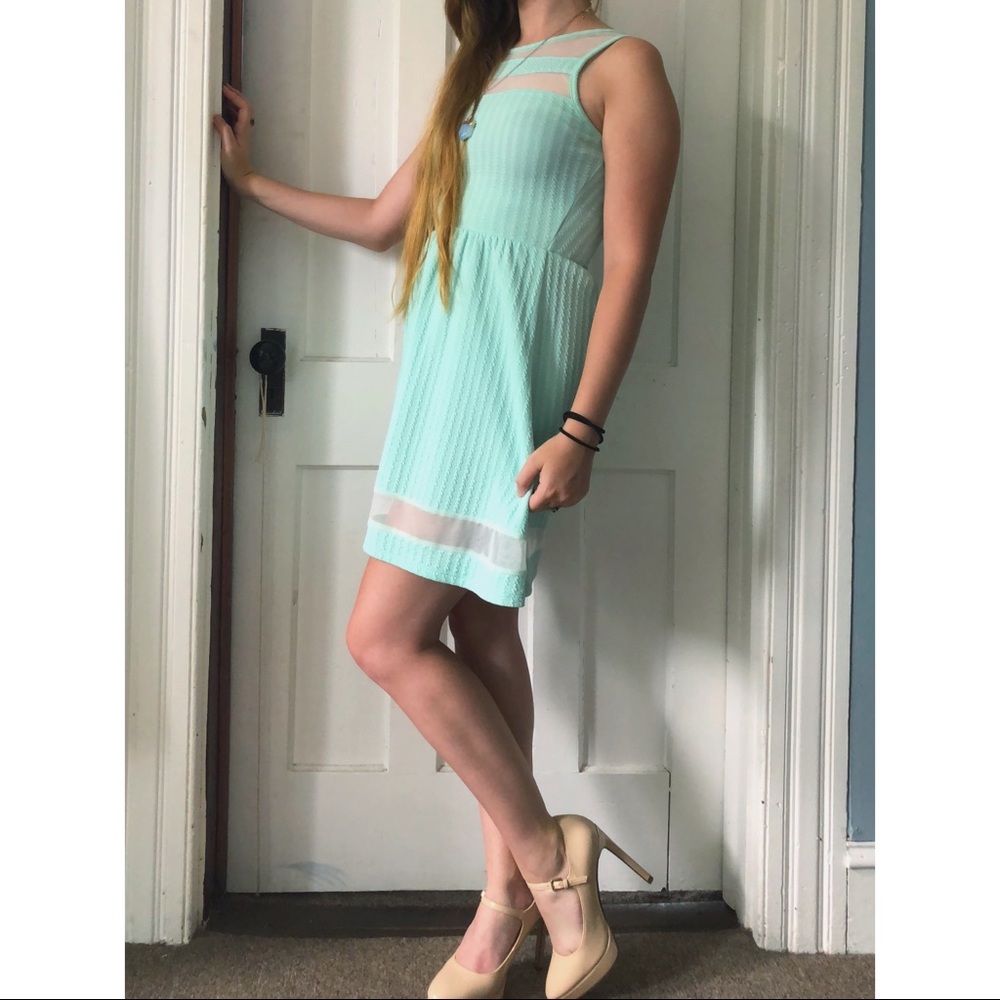 Mint Green Blue Fitted Dress with Sheer Cutouts